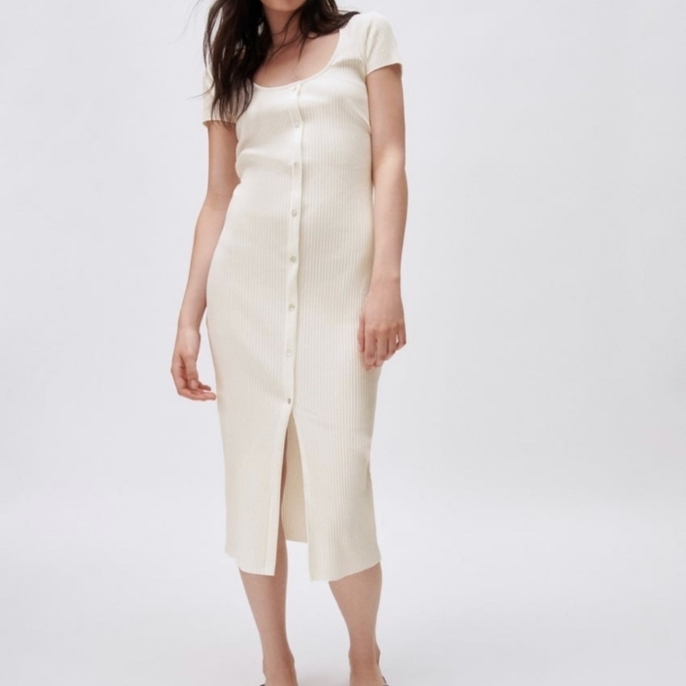 Zara White Ribbed Dress Button Front Midi Minimalist Neutral Knit Dress Small